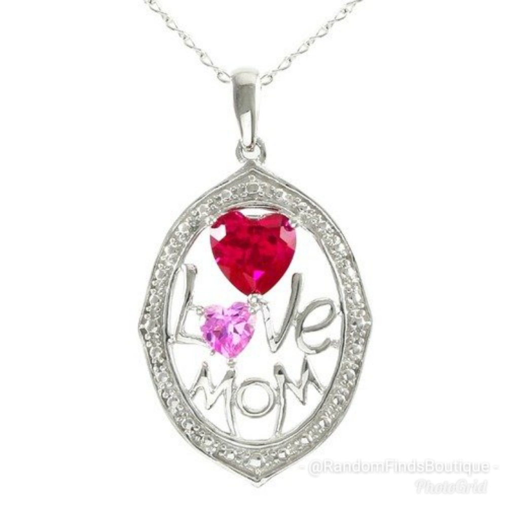 Love Mom Heart 925 Sterling Silver 14k White Gold Necklace